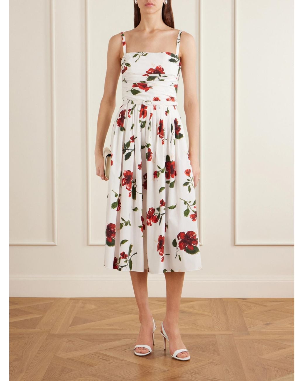 Oscar de la Renta White Belted Pleated Floral-Print Cotton-Blend Poplin Midi Dress