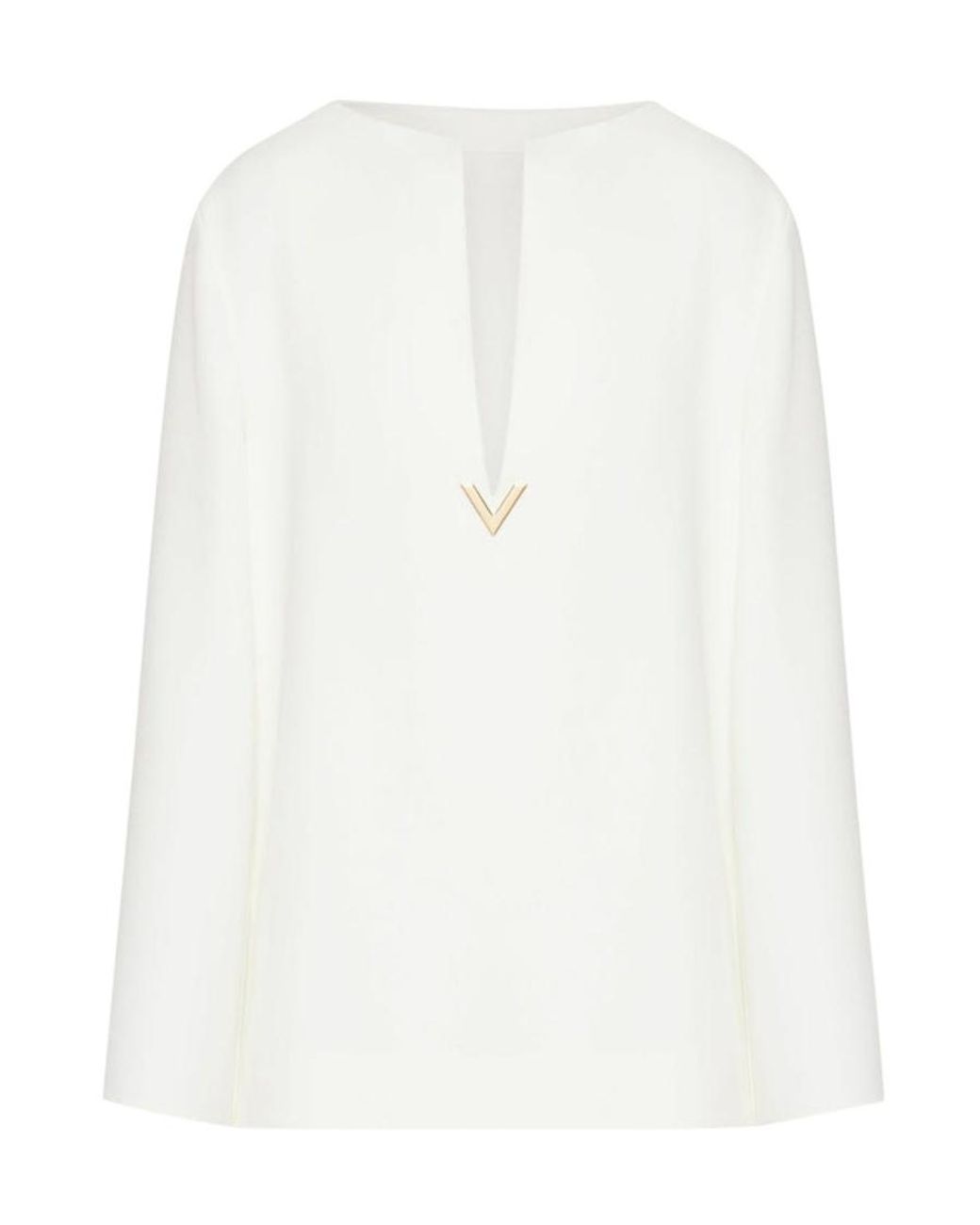 Valentino White Cady Couture Logo Plaque Long-Sleeved Blouse