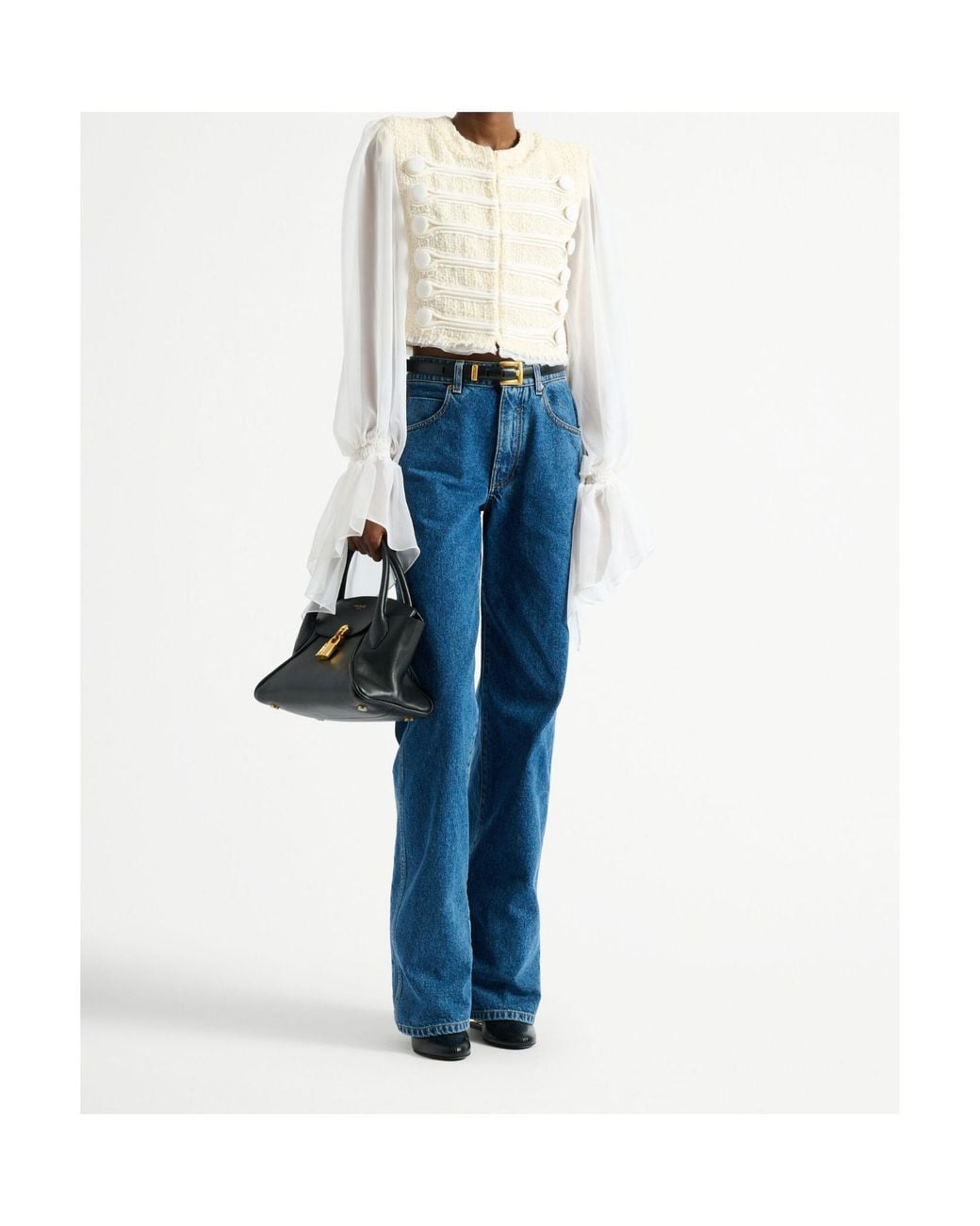Balmain White Cropped Sheer-Sleeve Blazer
