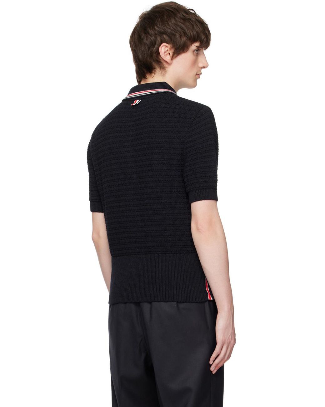 Thom Browne Black Stripe Detailed Short-Sleeved Polo Shirt for men