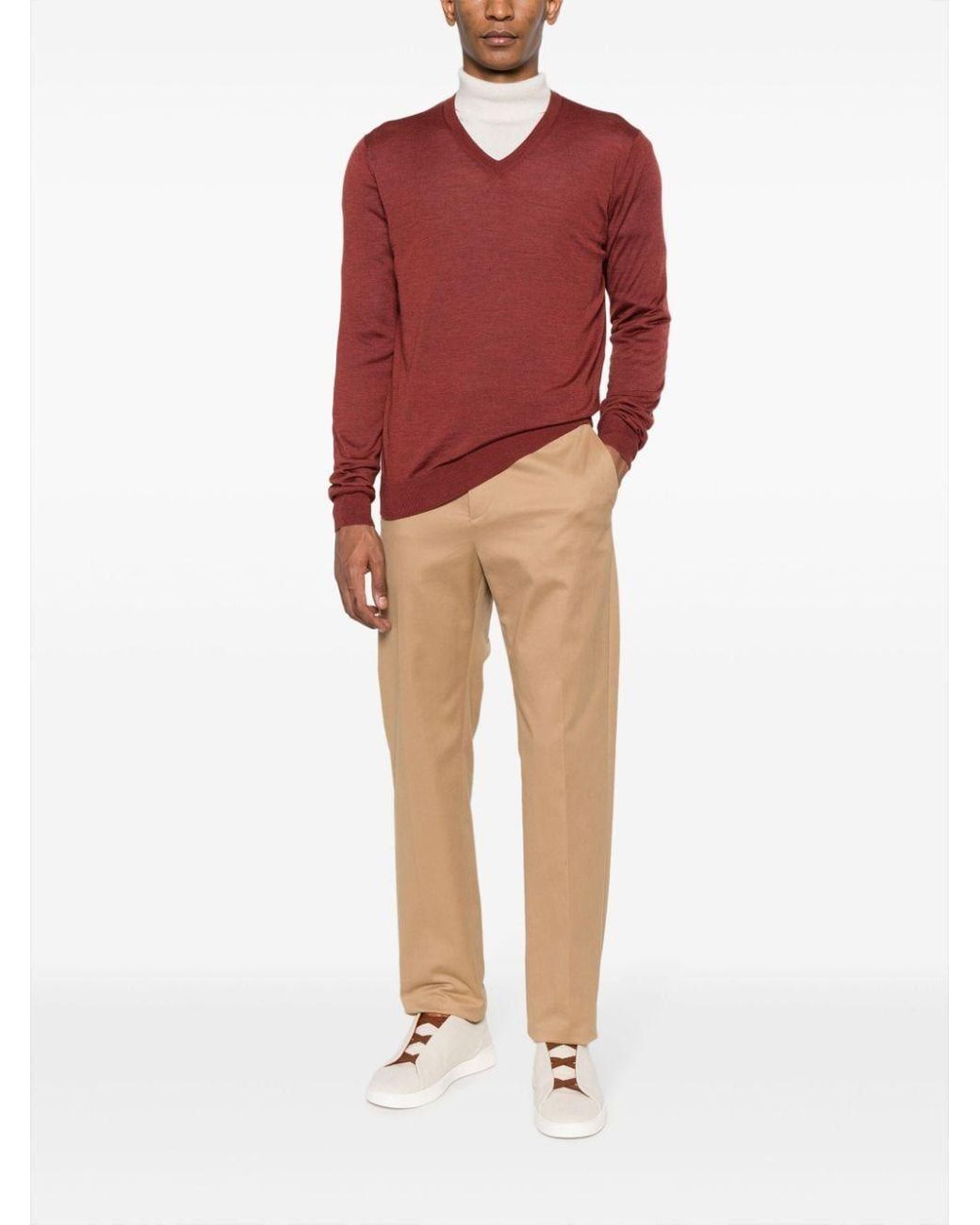 Colombo Red Fine-Knit V-Neck Jumper for men