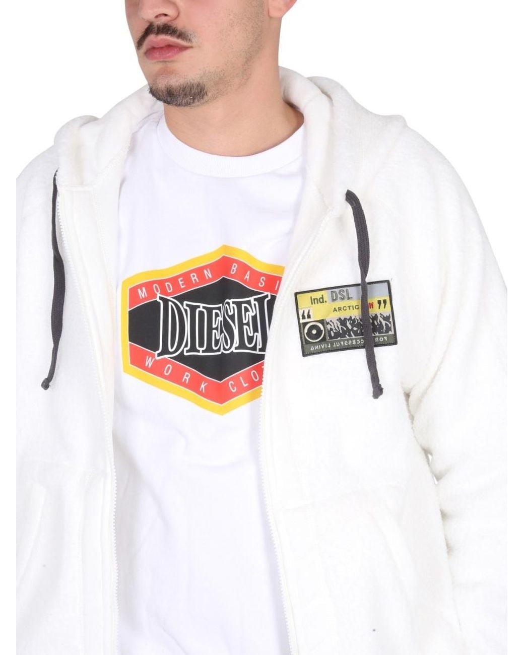 DIESEL White Logo Patch Drawstring Shearling Hoodie for men