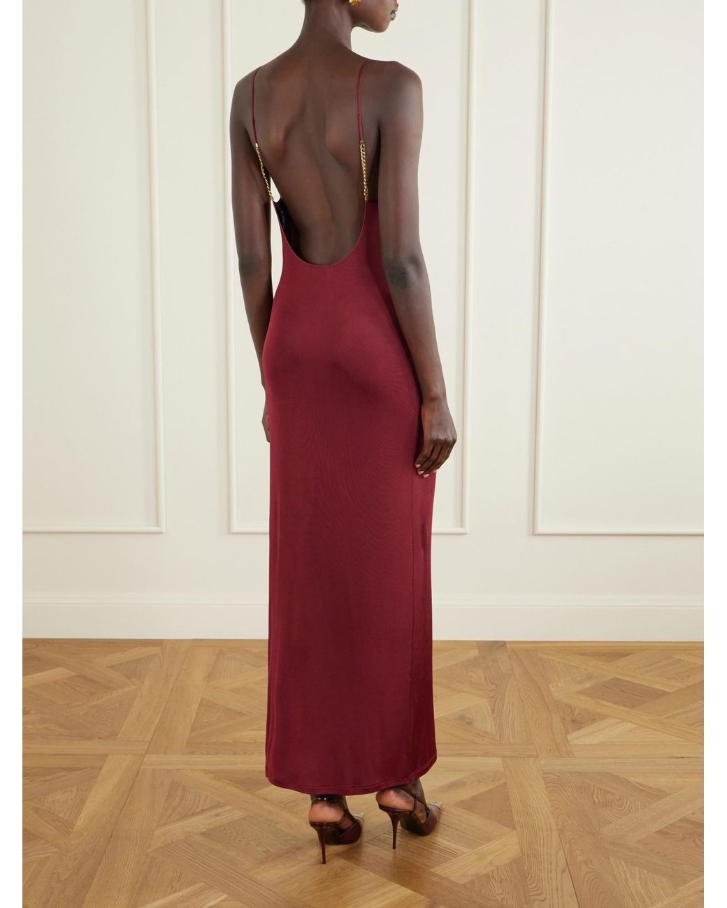 Saint Laurent Red Cassandre-Chain Backless Dress