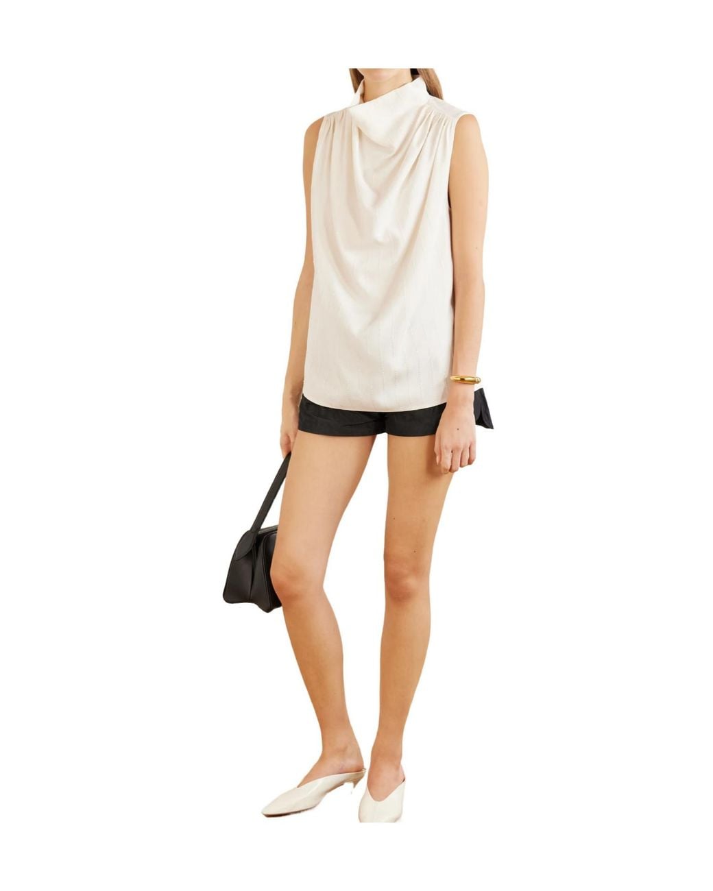 Kallmeyer White Sequined Ruched Striped Twill Top