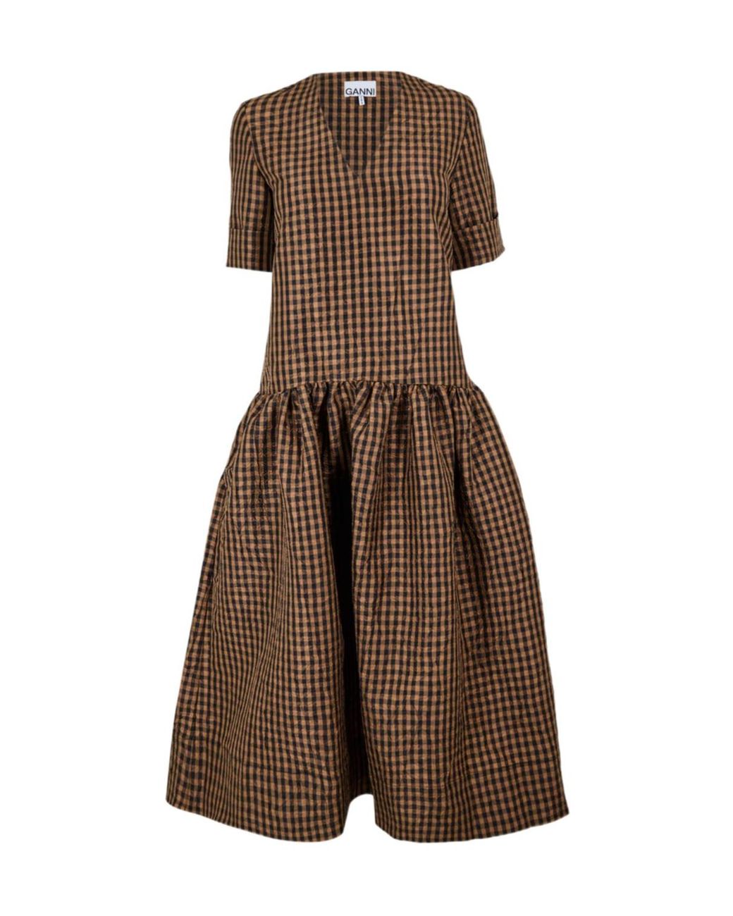 Ganni Brown Plaid Short-Sleeved Dress