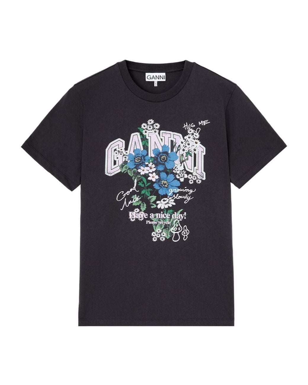 Ganni Black Relaxed Organic Cotton T-Shirt Flower