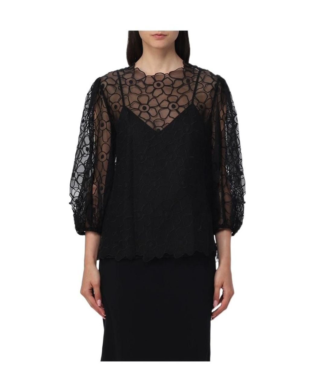RED Valentino Black Floral Embroidered Blouse