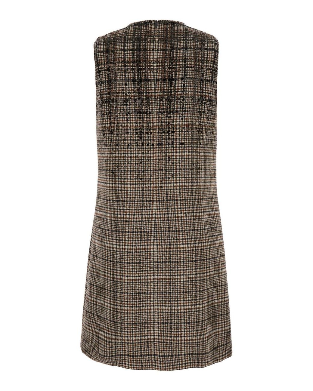Brunello Cucinelli Brown Checked Alpaca And Wool Mini Dress With Dazzling Degradé Embroidery