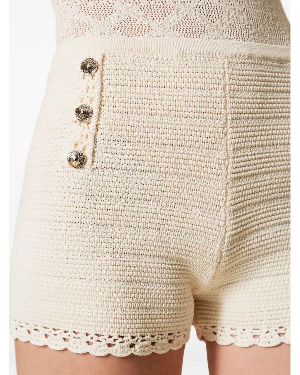 Twinset Natural Crochet Detailed Knitted Shorts