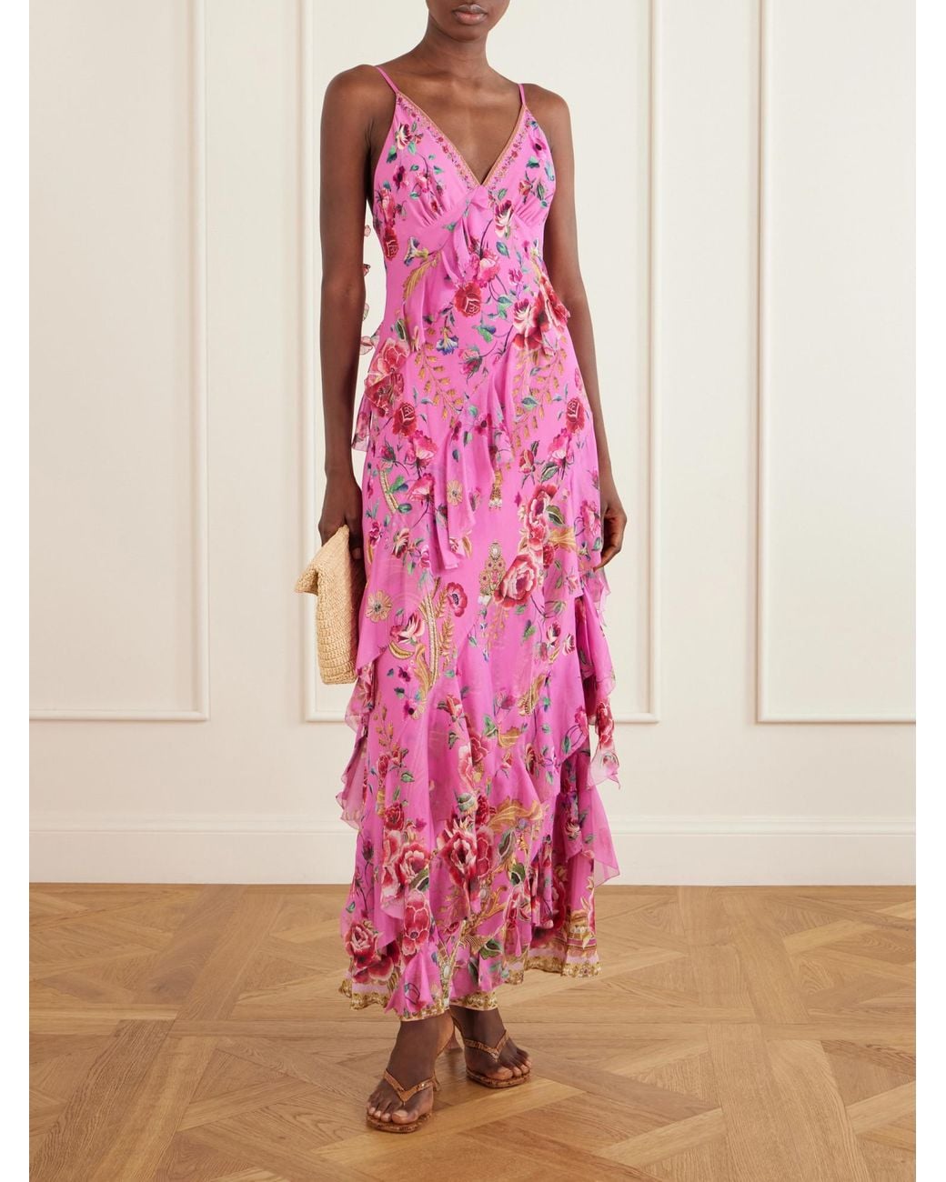 Camilla Pink Embellished Ruffled Silk-Georgette Maxi Dress