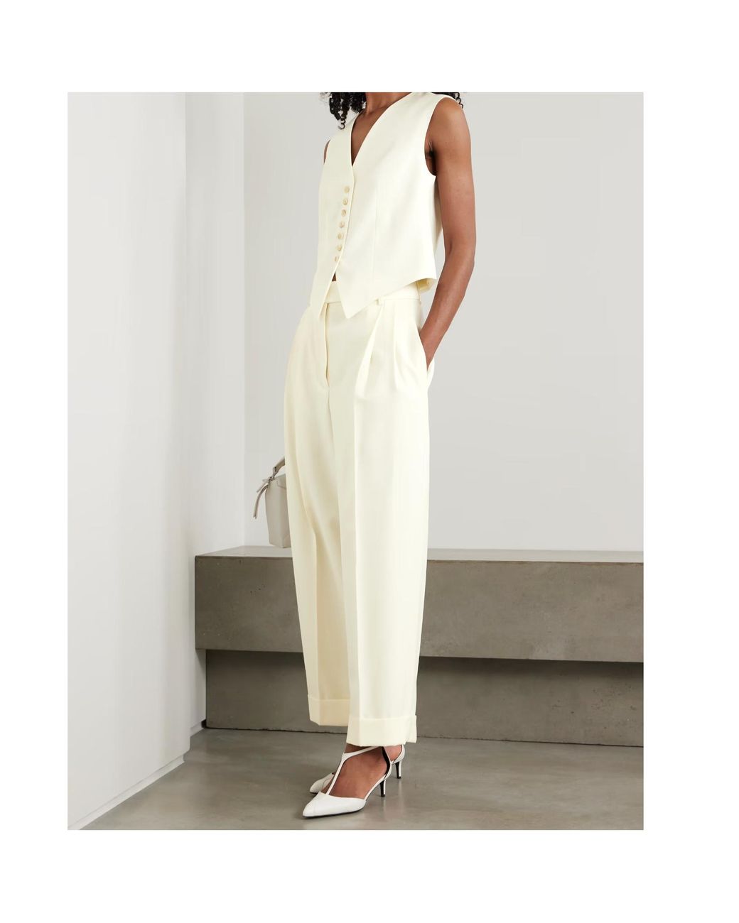 Rohe White Cropped Pleated Wool Wide-Leg Pants