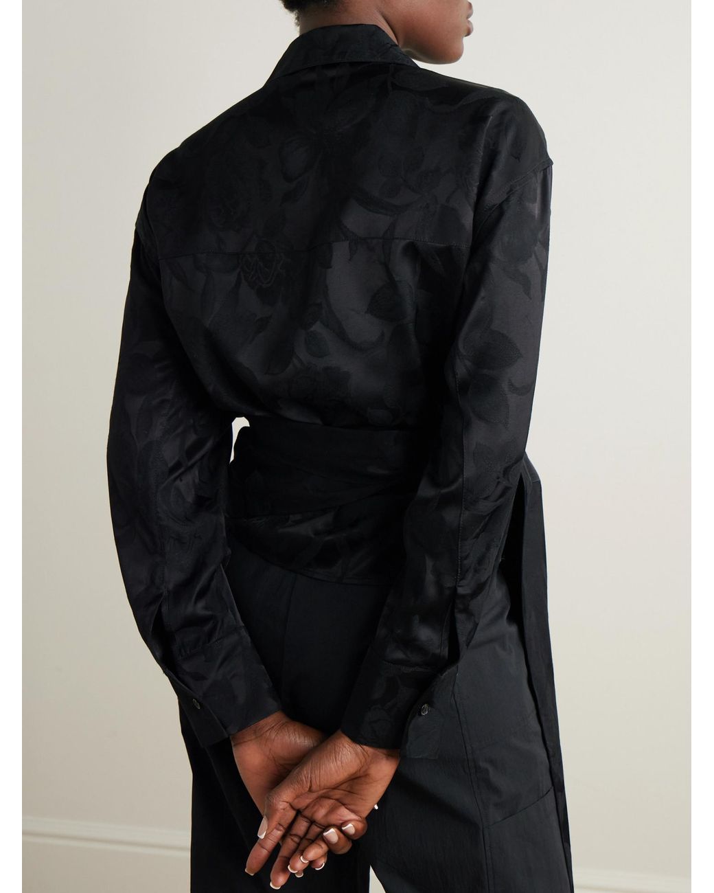 Rohe Black Floral Satin-Jacquard Wrap Shirt