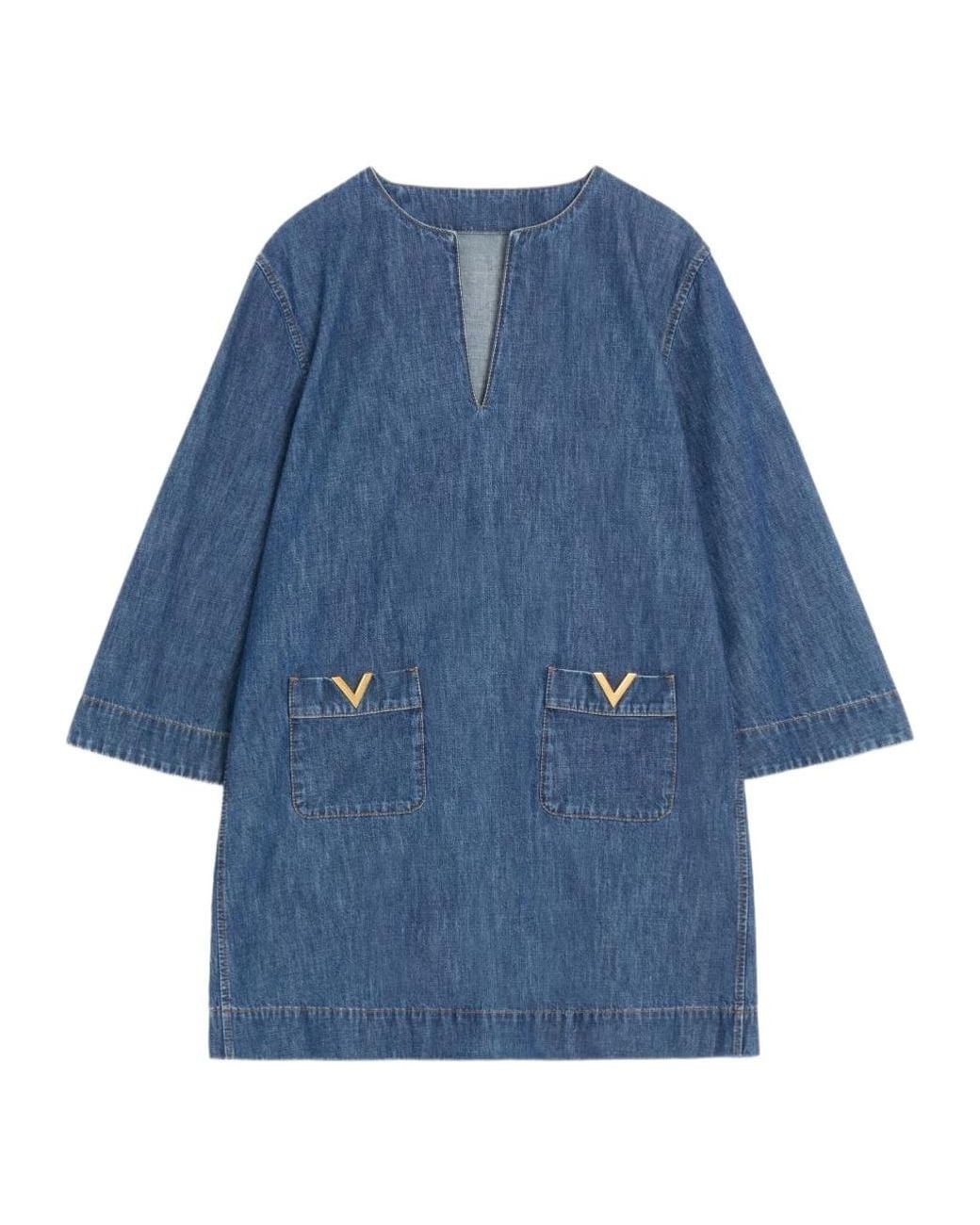 Valentino Blue Logo Plaque V-Neck Denim Dress