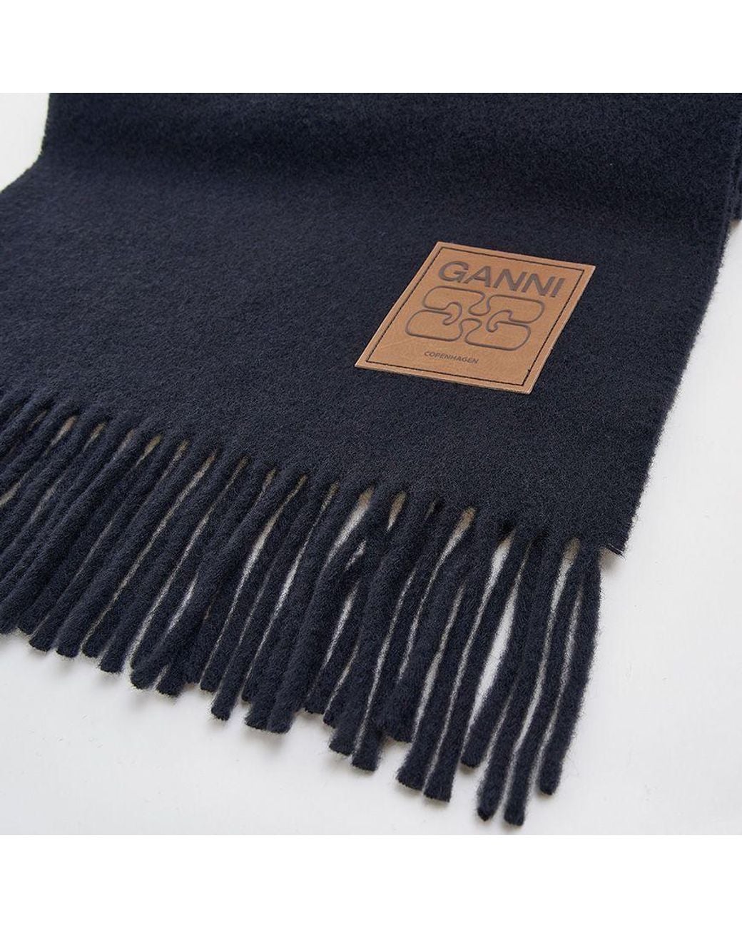 Ganni Blue Logo Patch Fringed Scarf
