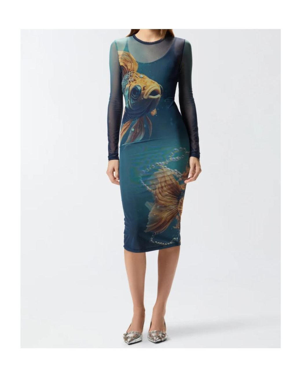 Pinko Blue Fish-Print Mesh Midi Dress