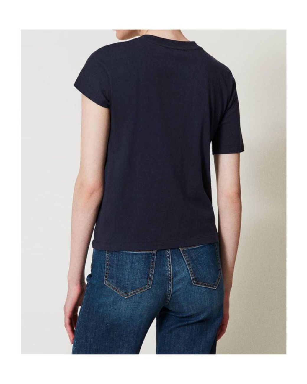 Twinset Blue One-Shoulder Logo Plaque Top