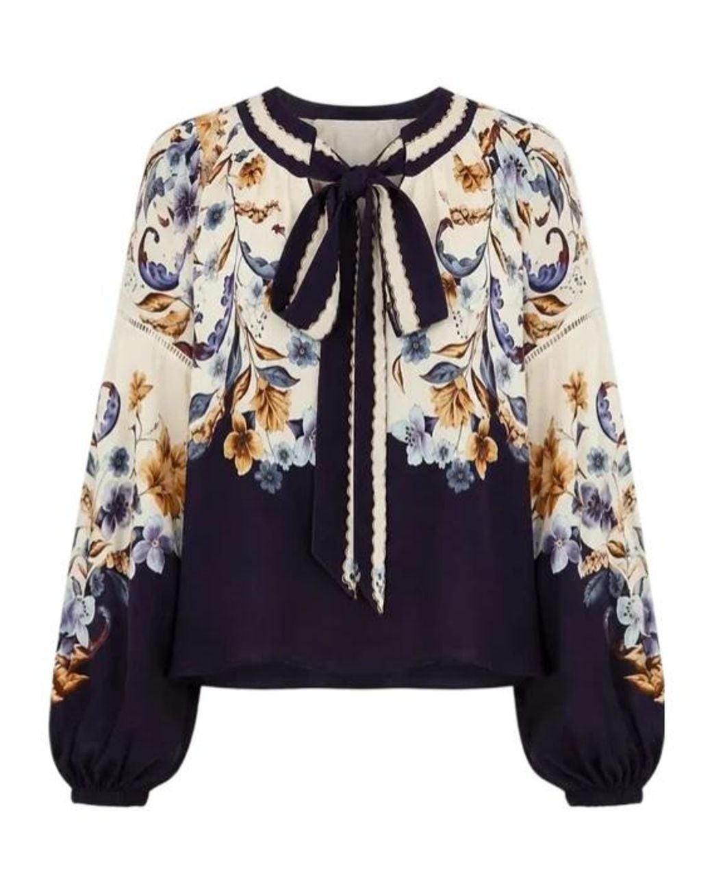 Farm Rio Blue Tie-Neck Printed Blouse