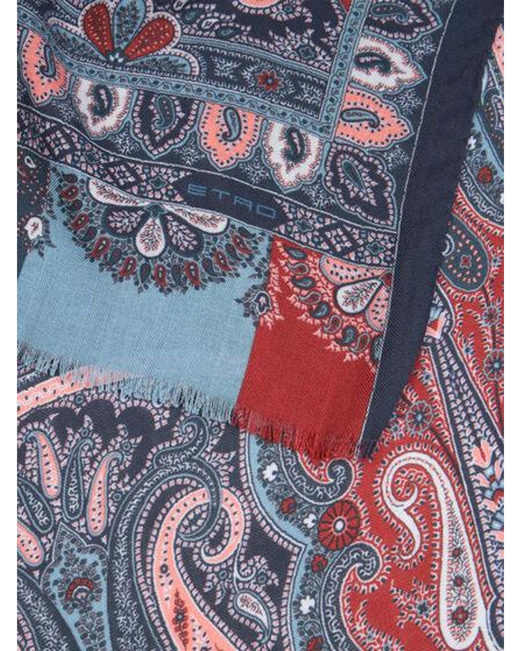 Etro Blue Printed Cashmere And Silk Scarf for men