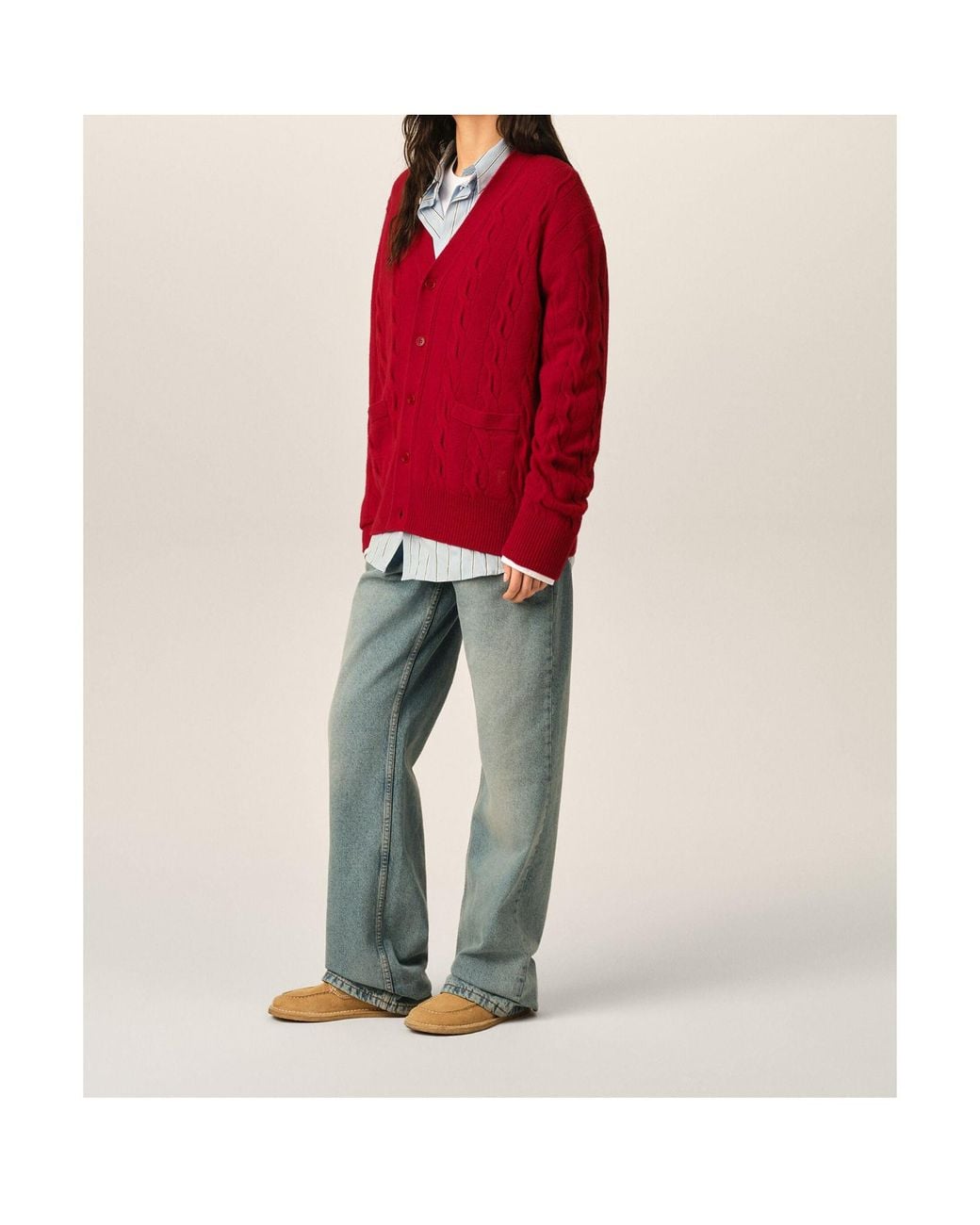 AMI Red Ami Cable-Knit V-Neck Cardigan for men