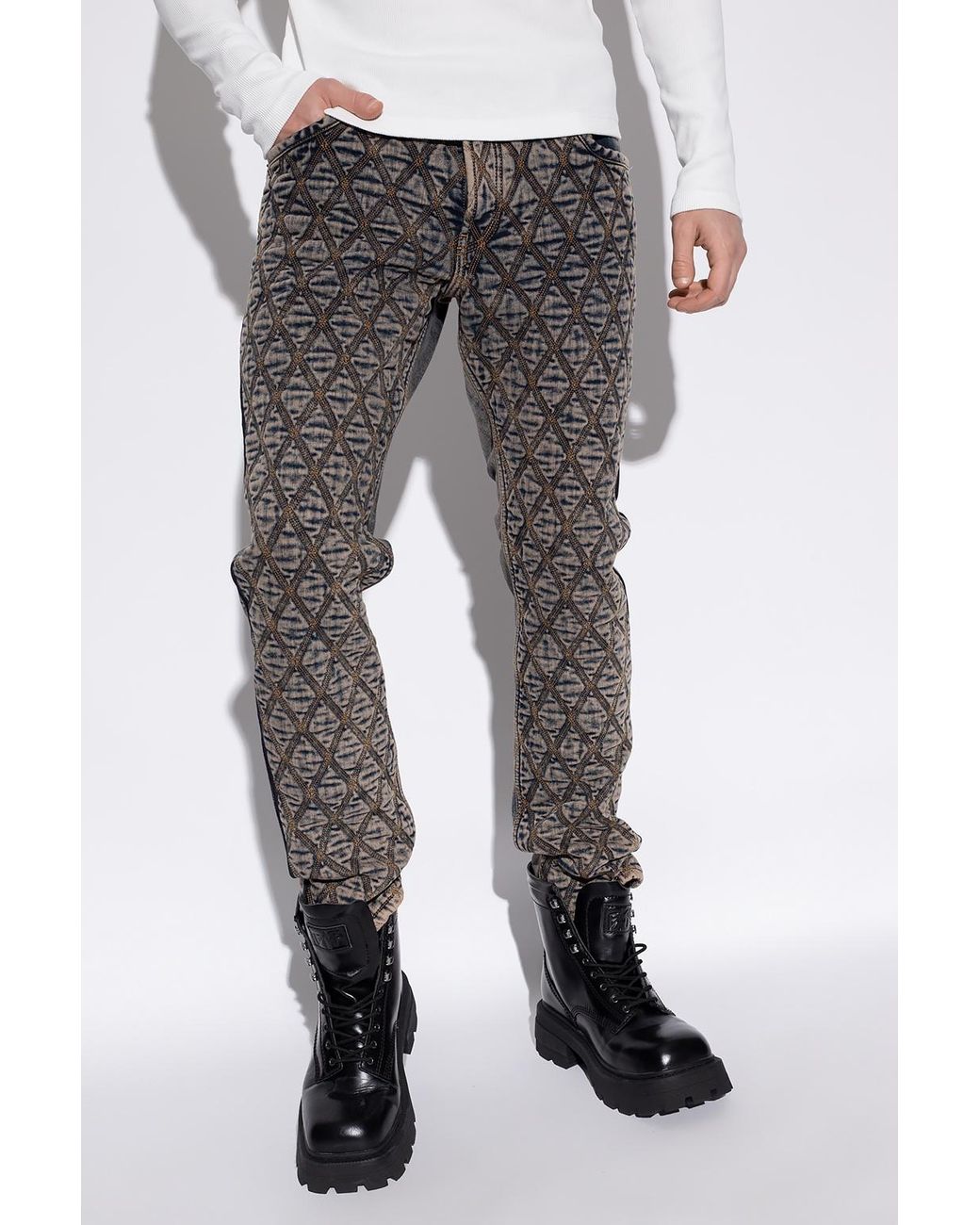 DIESEL Gray Quilted Diamond Pattern Straight-Leg Jeans for men