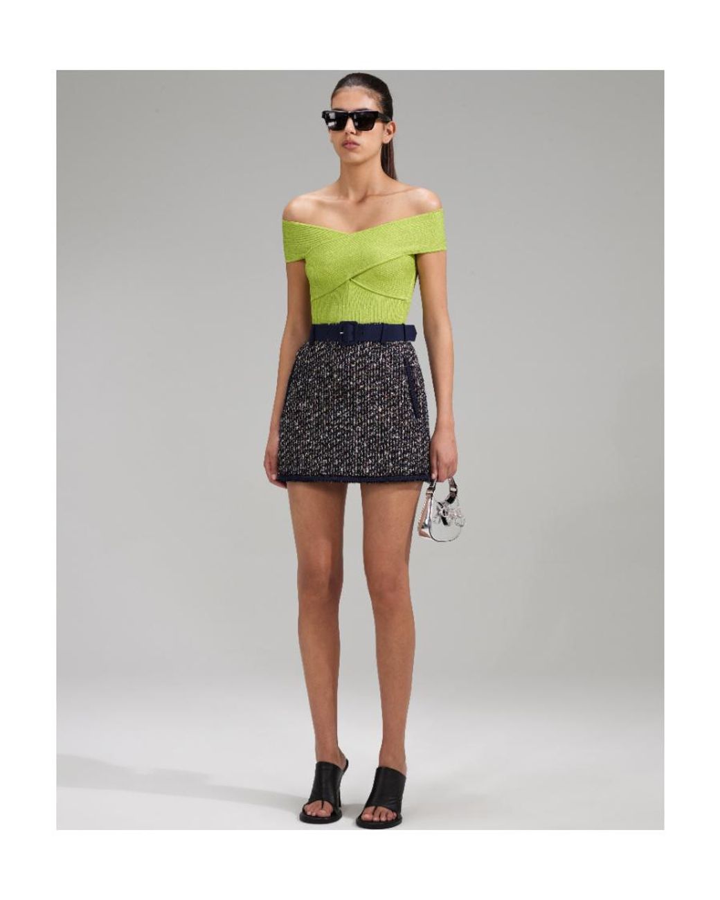 Self-Portrait Green Lurex Knitted Off-Shoulder Top