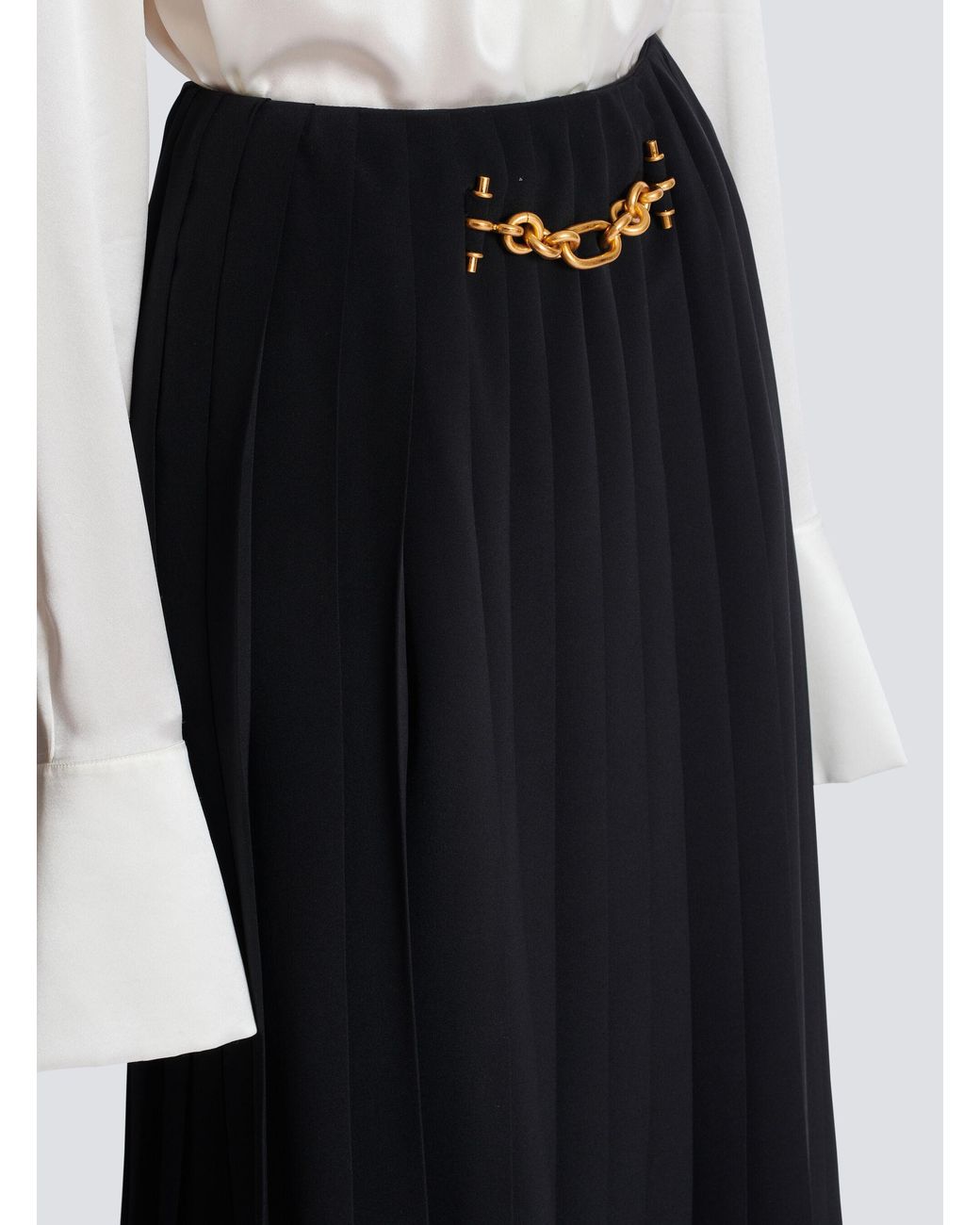 Balmain Black Chain-Detail Pleated Midi Skirt
