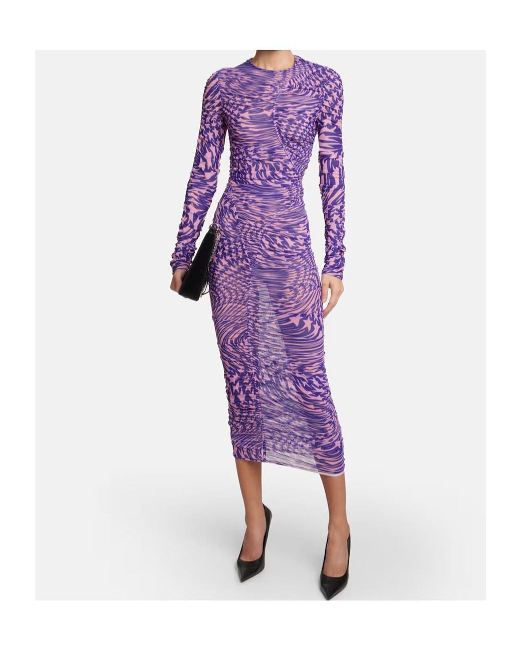 Mugler Purple Pleated Mesh Printed Dress