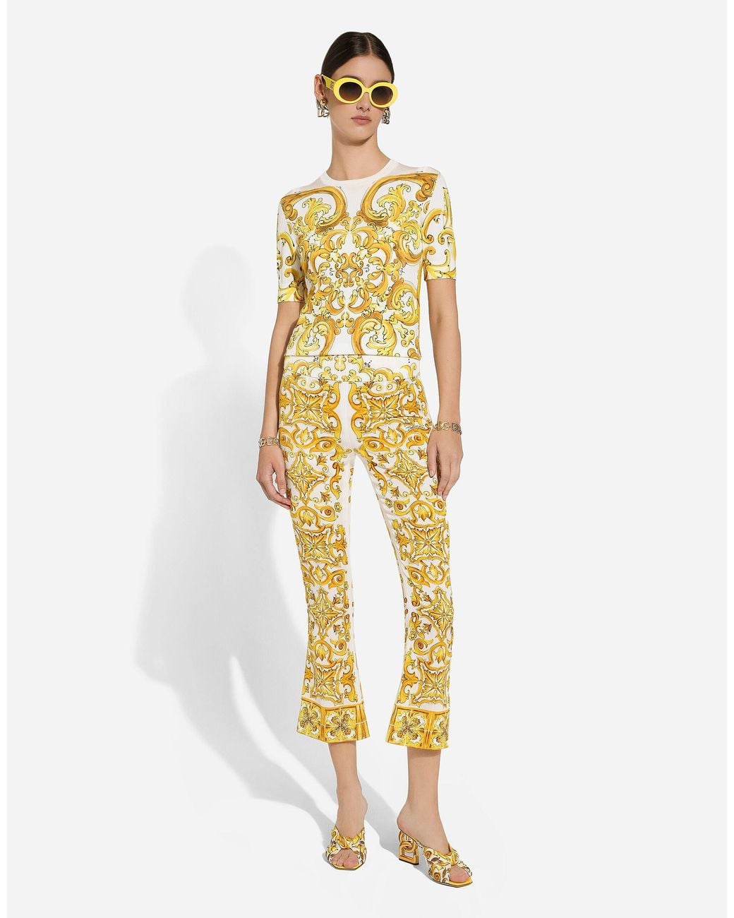 Dolce & Gabbana Metallic Majolica Trumpet-Leg Silk Pants