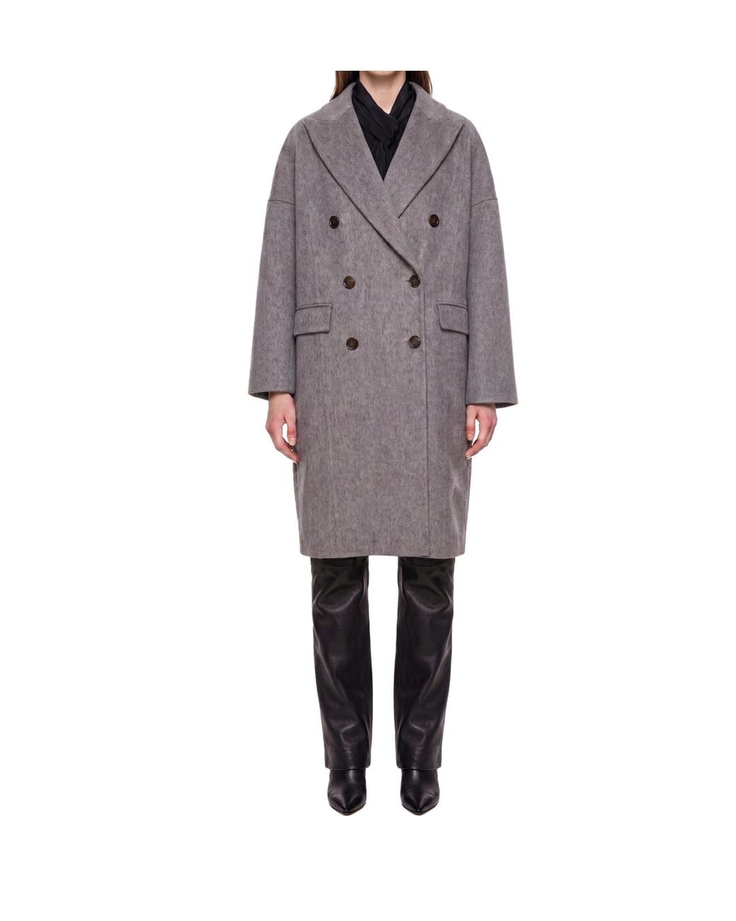 Brunello Cucinelli Gray Double-Breasted Drop-Shoulder Cashmere Coat