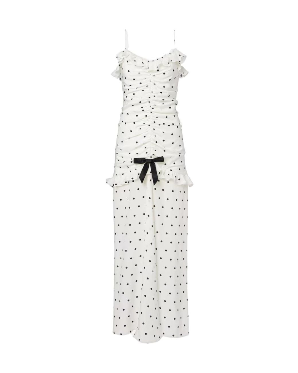 Alessandra Rich White Ruched Polka-Dot Silk Maxi Dress
