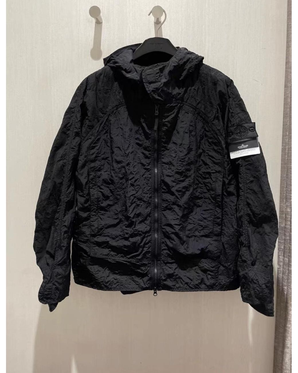 Stone Island Black Crinkle-Finish Hooded Jacket for men