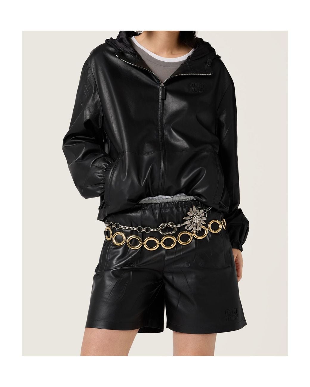 Miu Miu Black Nappa Leather Hoodie Jacket
