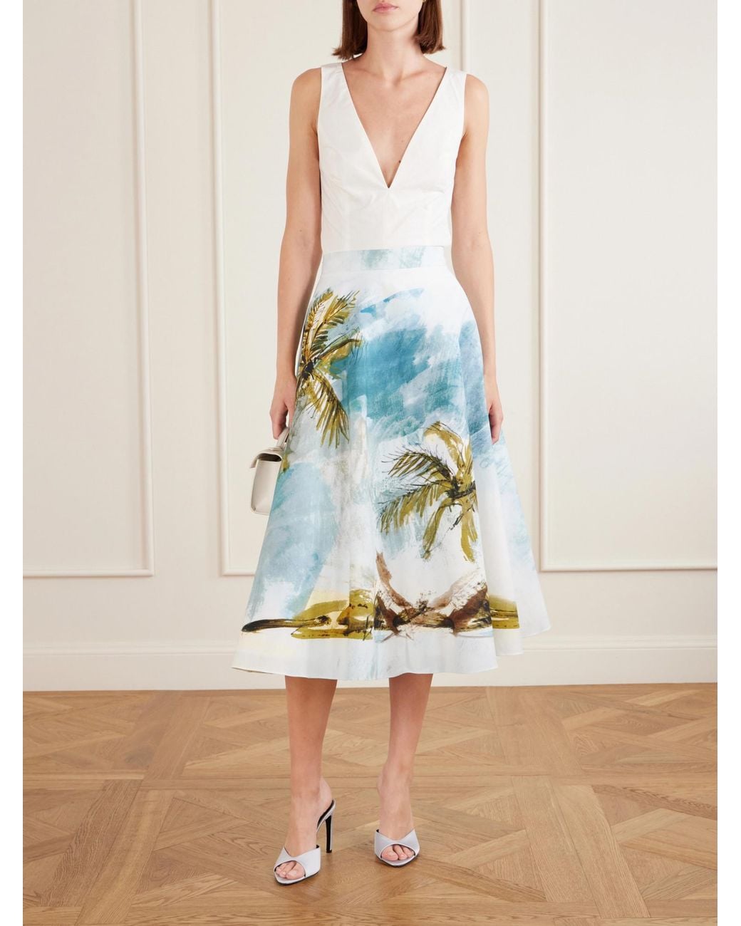 Oscar de la Renta Blue All Over Beach Printed Cotton-Blend Poplin Midi Skirt