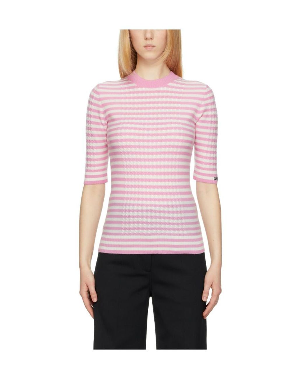 Ganni Pink Striped Cashmere-Wool Top