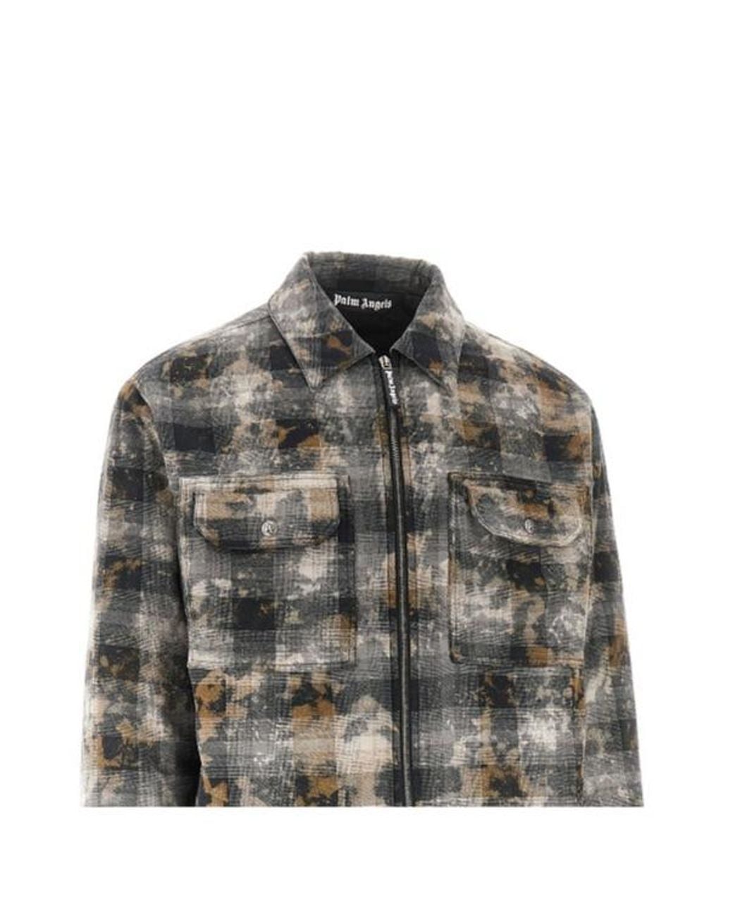 Palm Angels Gray Curved Logo Checked Overshirt for men