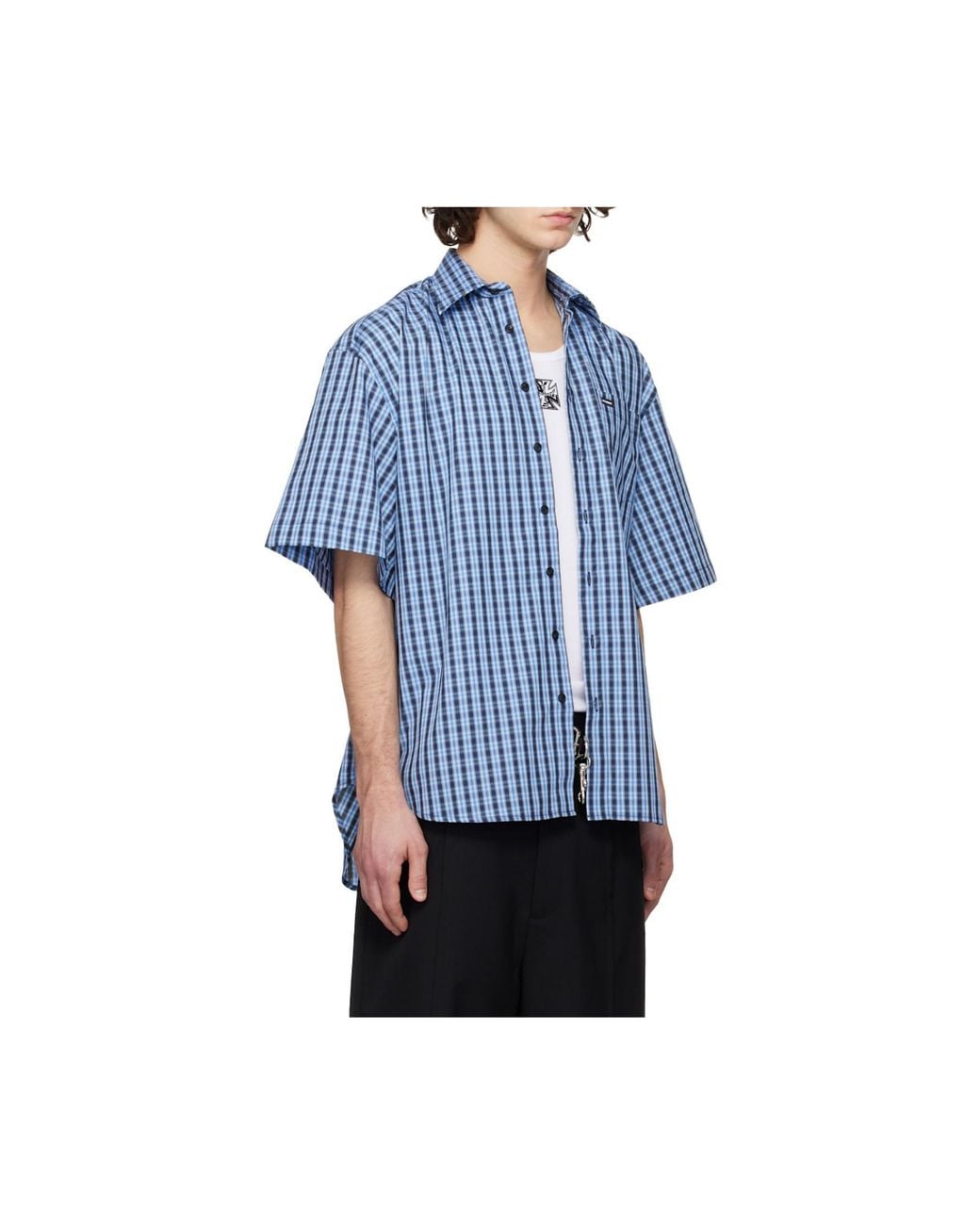 Vetements Blue Logo Patch Checked Short-Sleeve Shirt for men