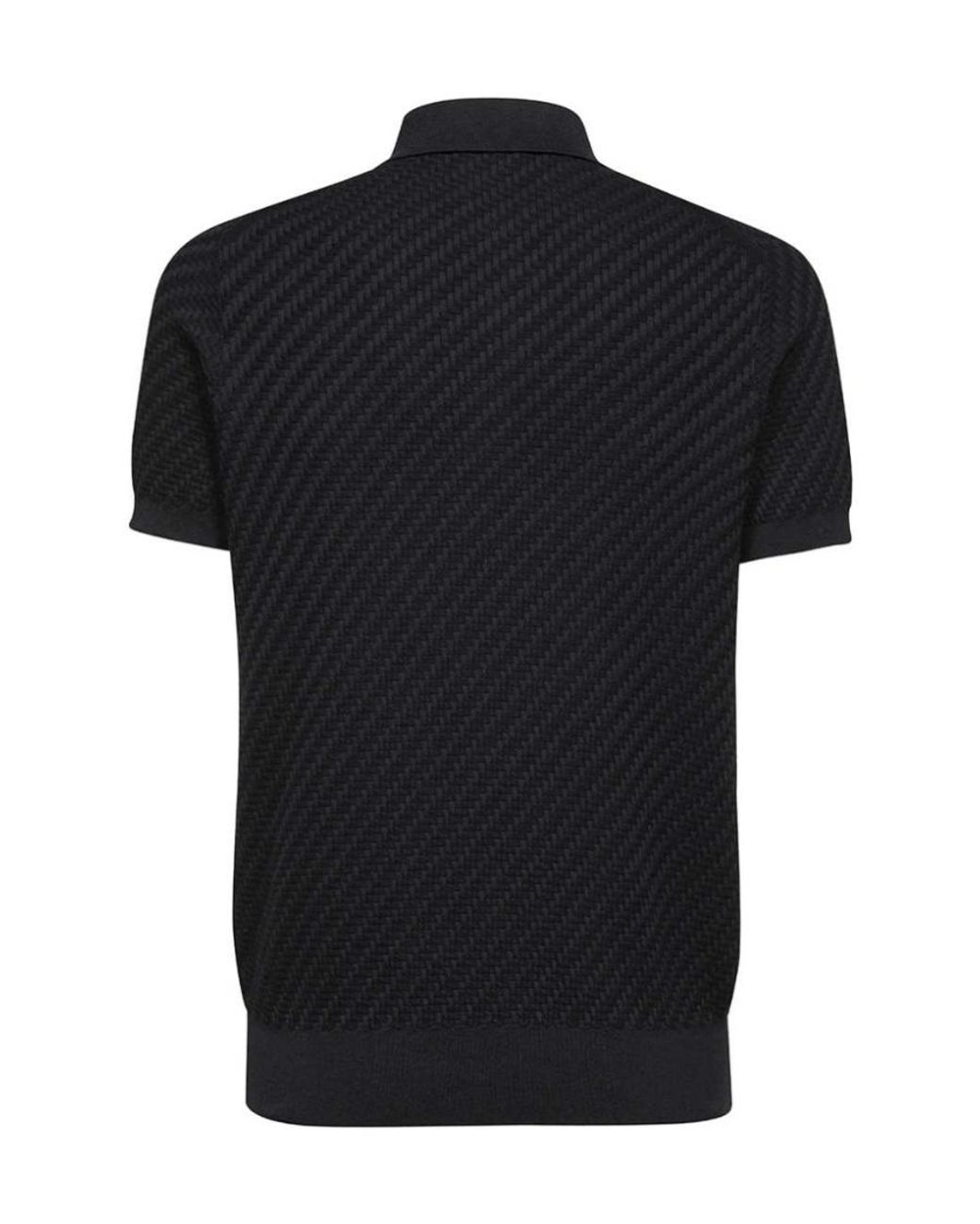 Brioni Black Woven Pattern Knitted Polo Shirt for men