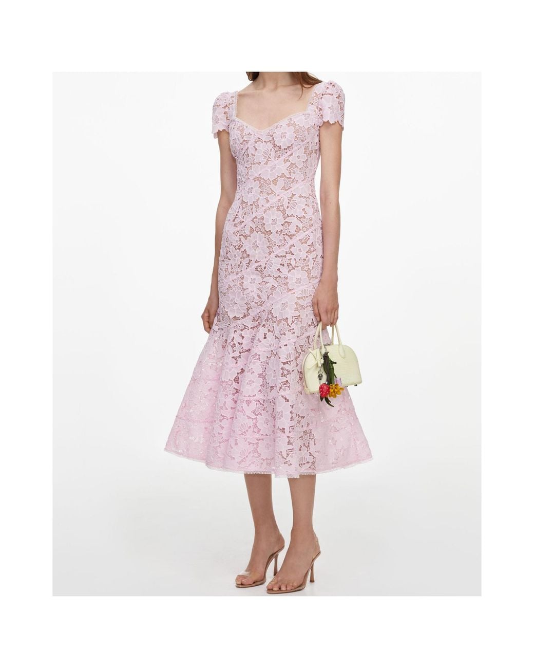 Self-Portrait Pink Floral-Lace Fluted-Hem Midi Dress