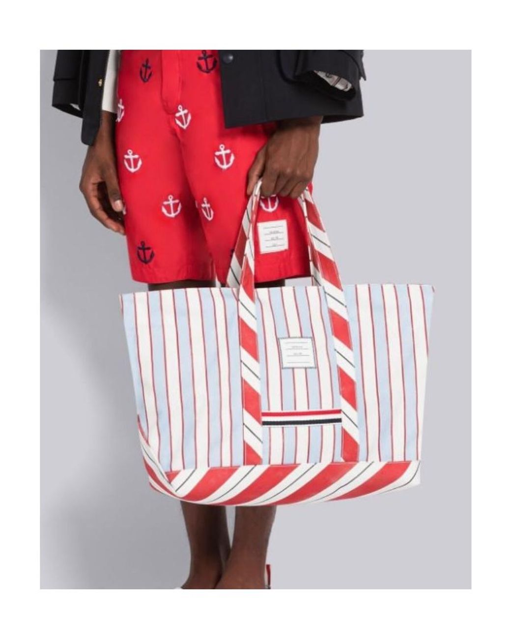 Thom Browne White Striped Medium Tool Tote Bag for men