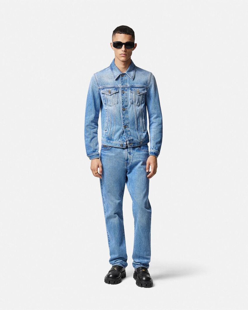 Versace Blue Medusa Biggie-Embellished Buttoned Denim Jacket for men
