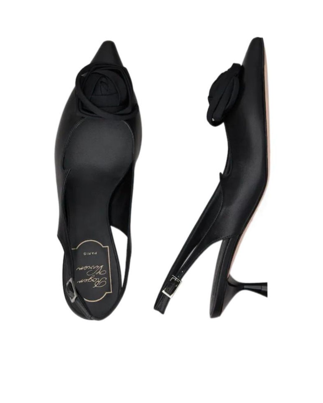 Roger Vivier Black Rose Embellished Pointed Toe Slingback Pumps