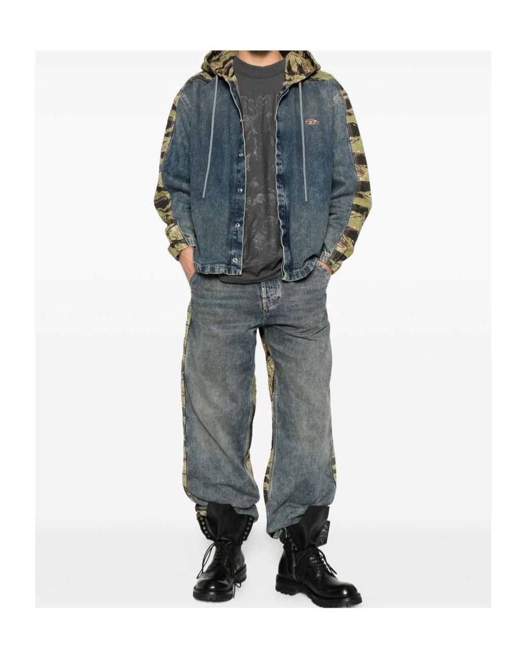 DIESEL Blue Camouflage-Panel Drawstring Denim Jacket for men