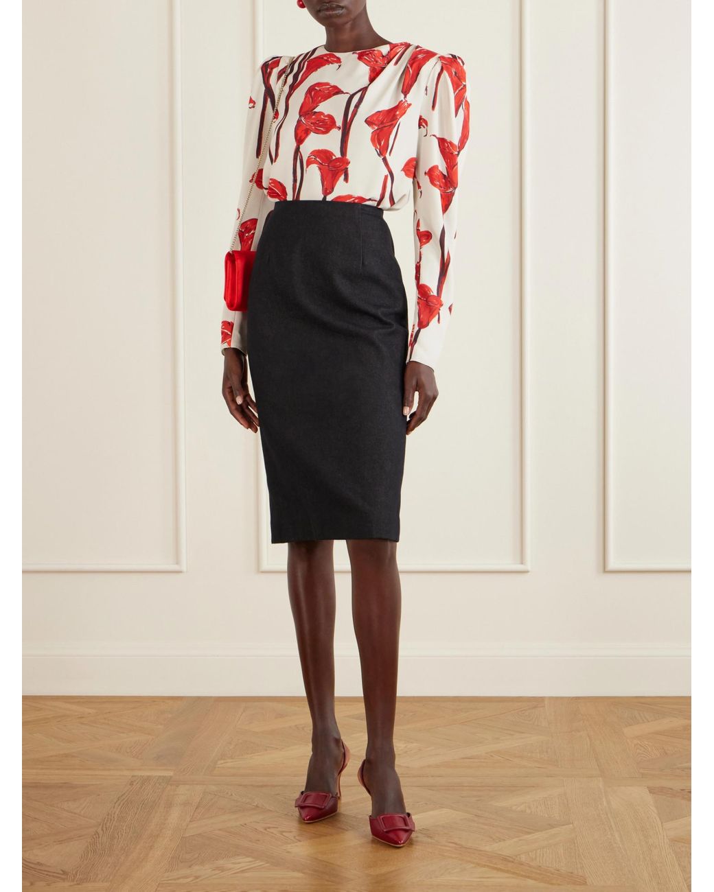 Carolina Herrera Red Floral-Print Cady Blouse