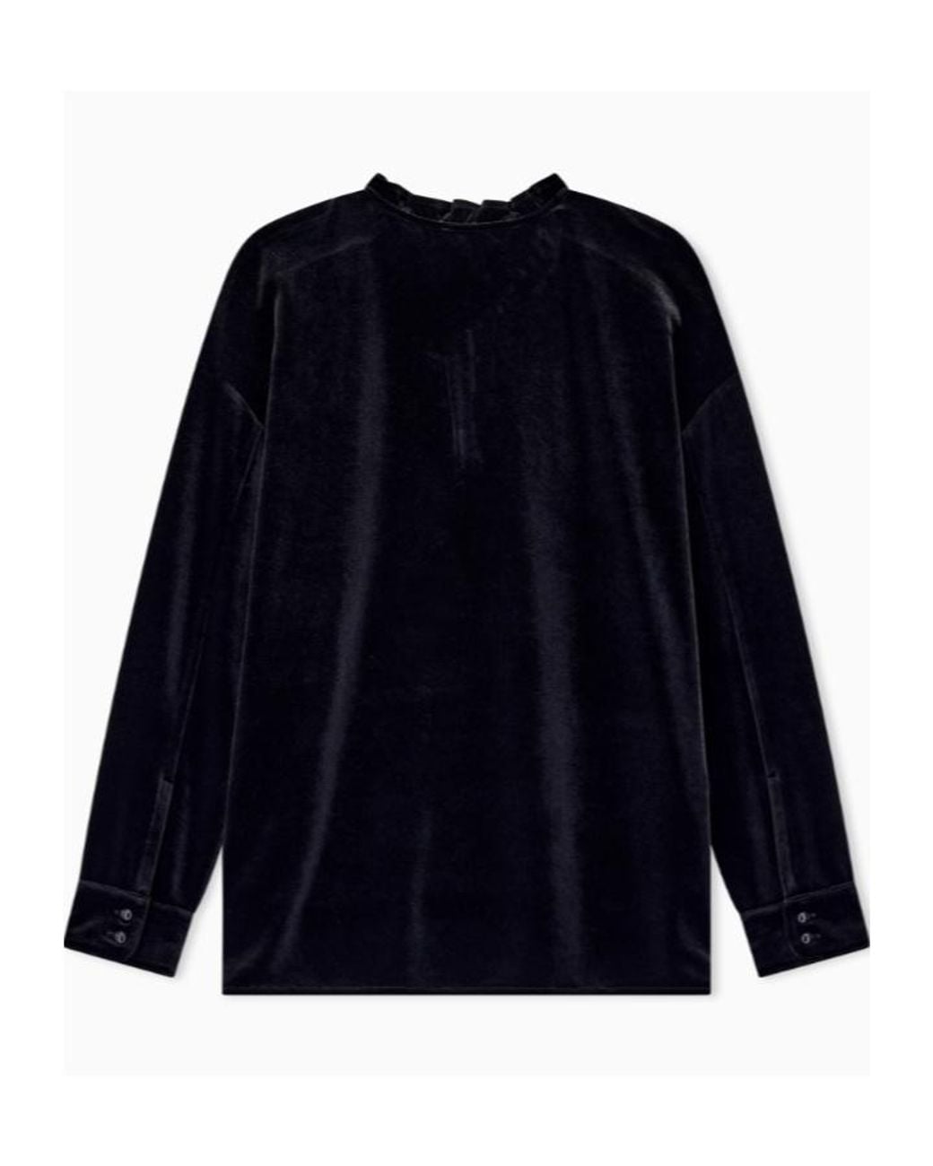 Emporio Armani Blue Chenille Jumper With Ruffled Neckline And Button Placket