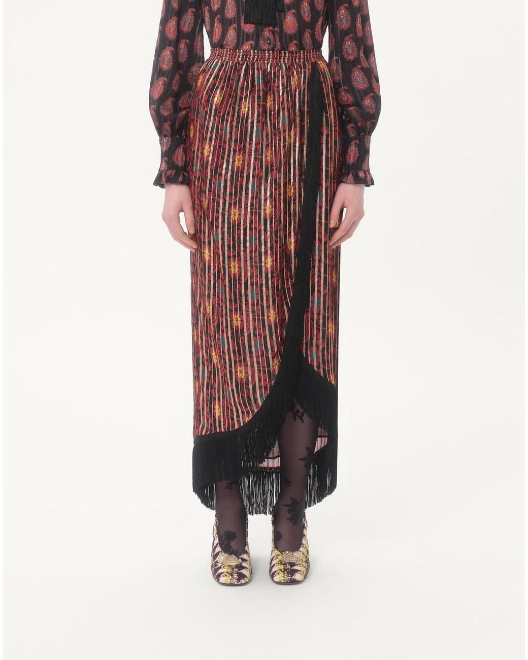 Valentino Purple Fringed Floral-Print Maxi Skirt