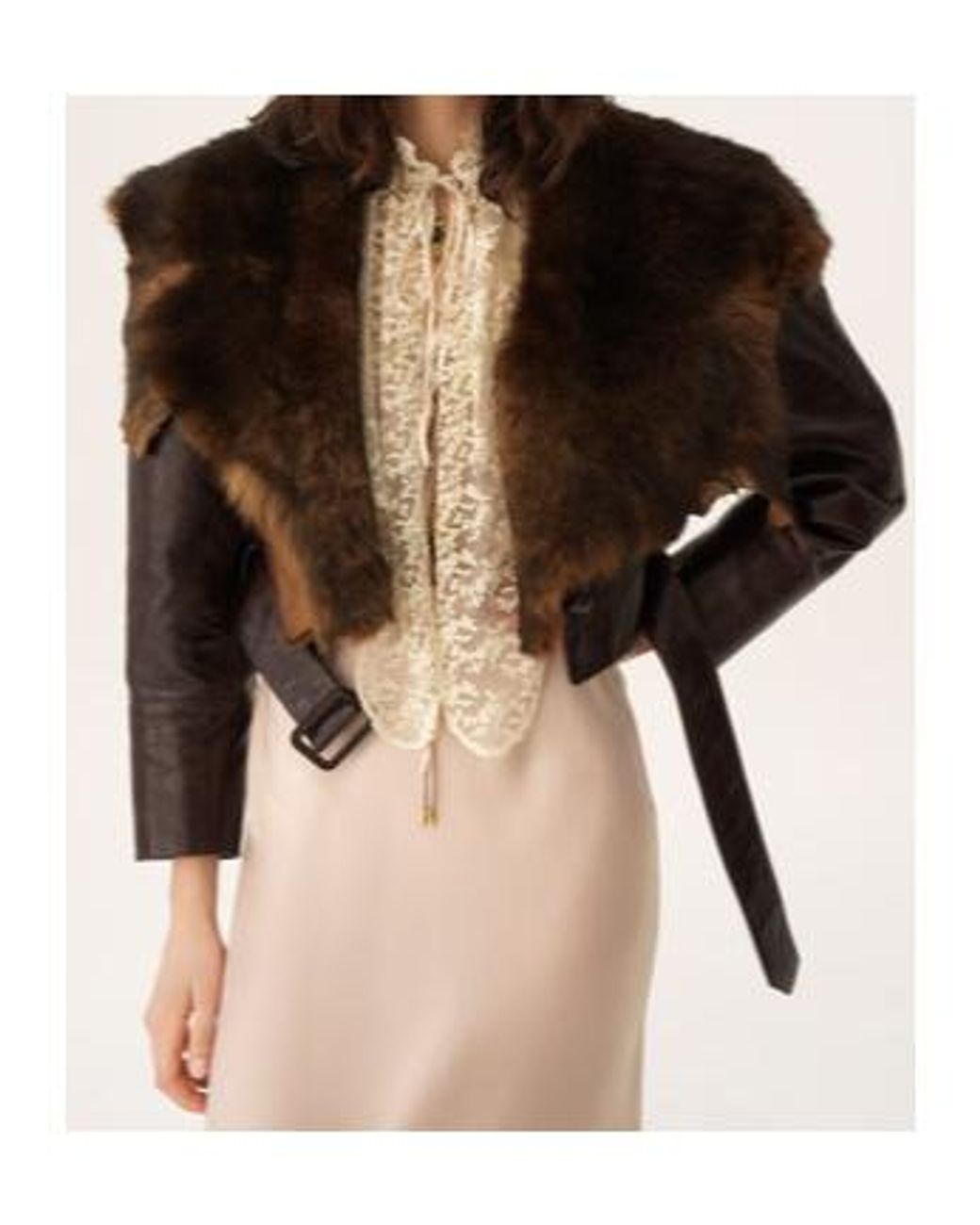 Chloé Black Cropped Belted Shearling-Trimmed Glossed-Leather Jacket