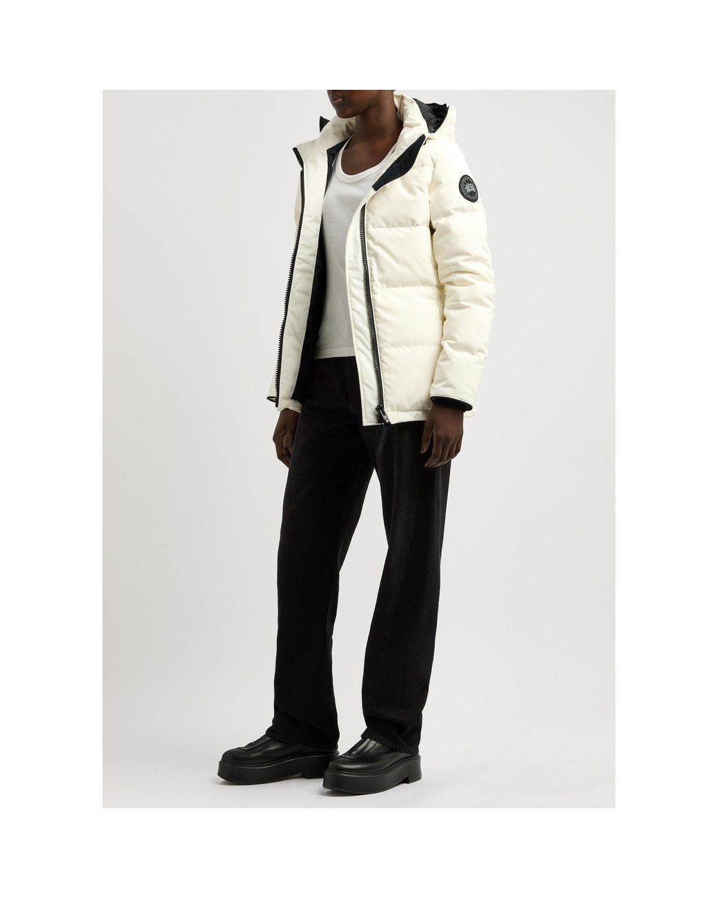 Canada Goose White Hooded, Waist-Cinched Down Jacket