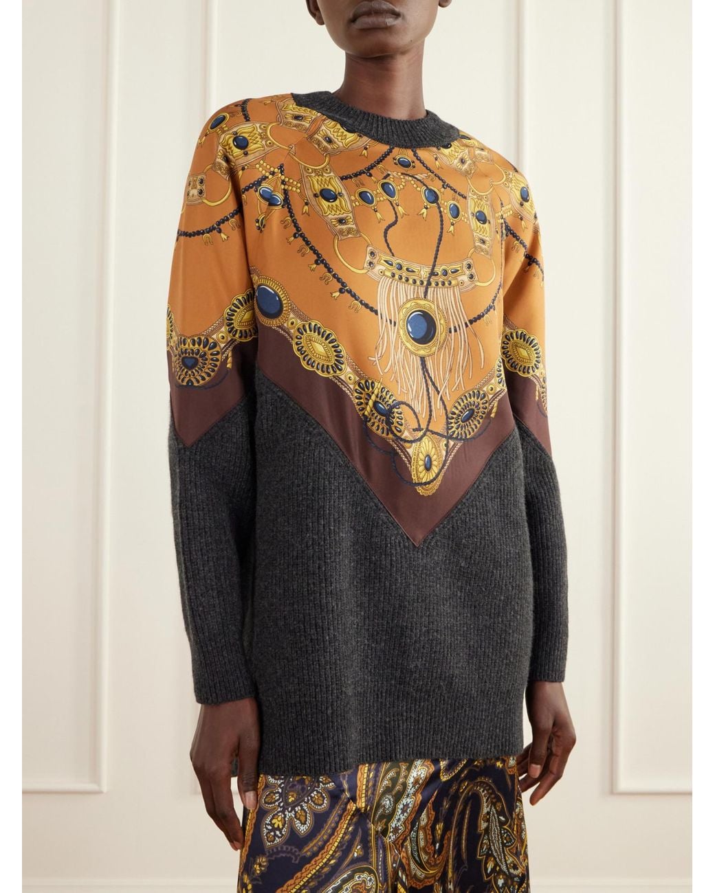 Etro Black Printed Silk-Trimmed Wool And Cashmere-Blend Sweater