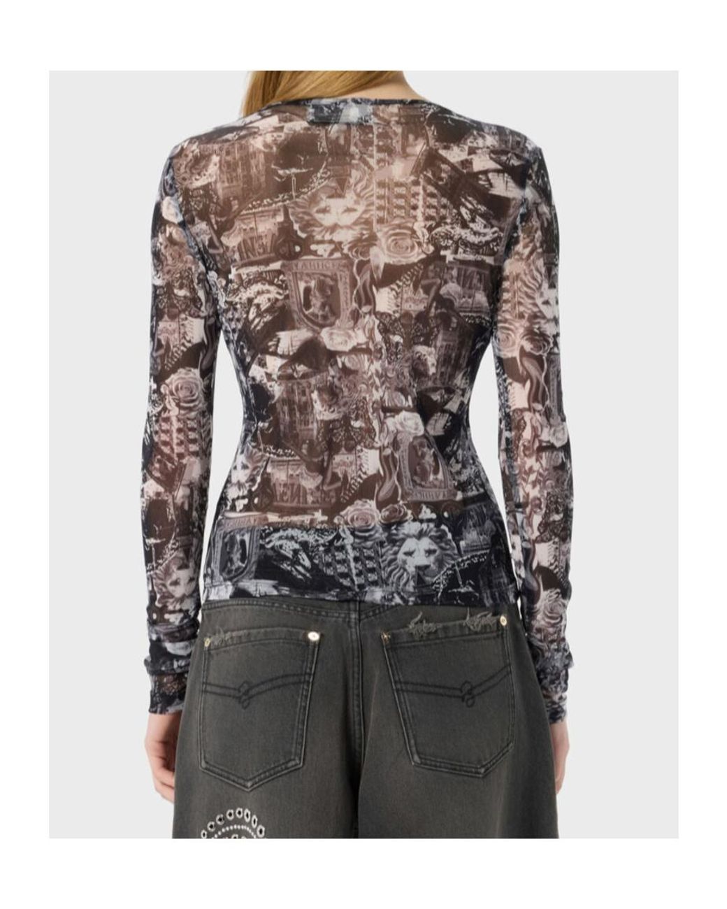 Blumarine Gray Printed Rhinestone Logo Top
