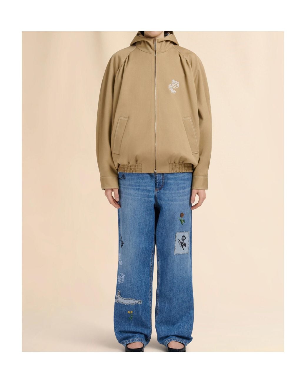 Marni Natural Logo Embroidered Zip-Up Jacket